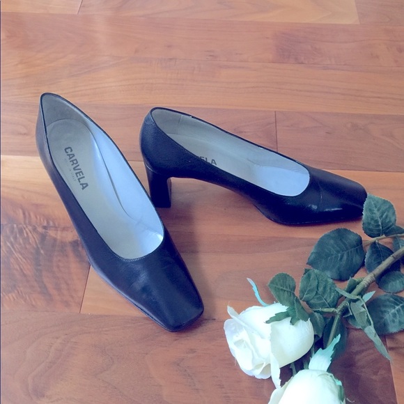 Shiny Italian real leather shoes dark blue mid high block heels Eur 39 US 9 - Picture 5 of 7